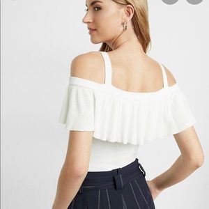 Fitted ruffle cold-shoulder pullover sweater